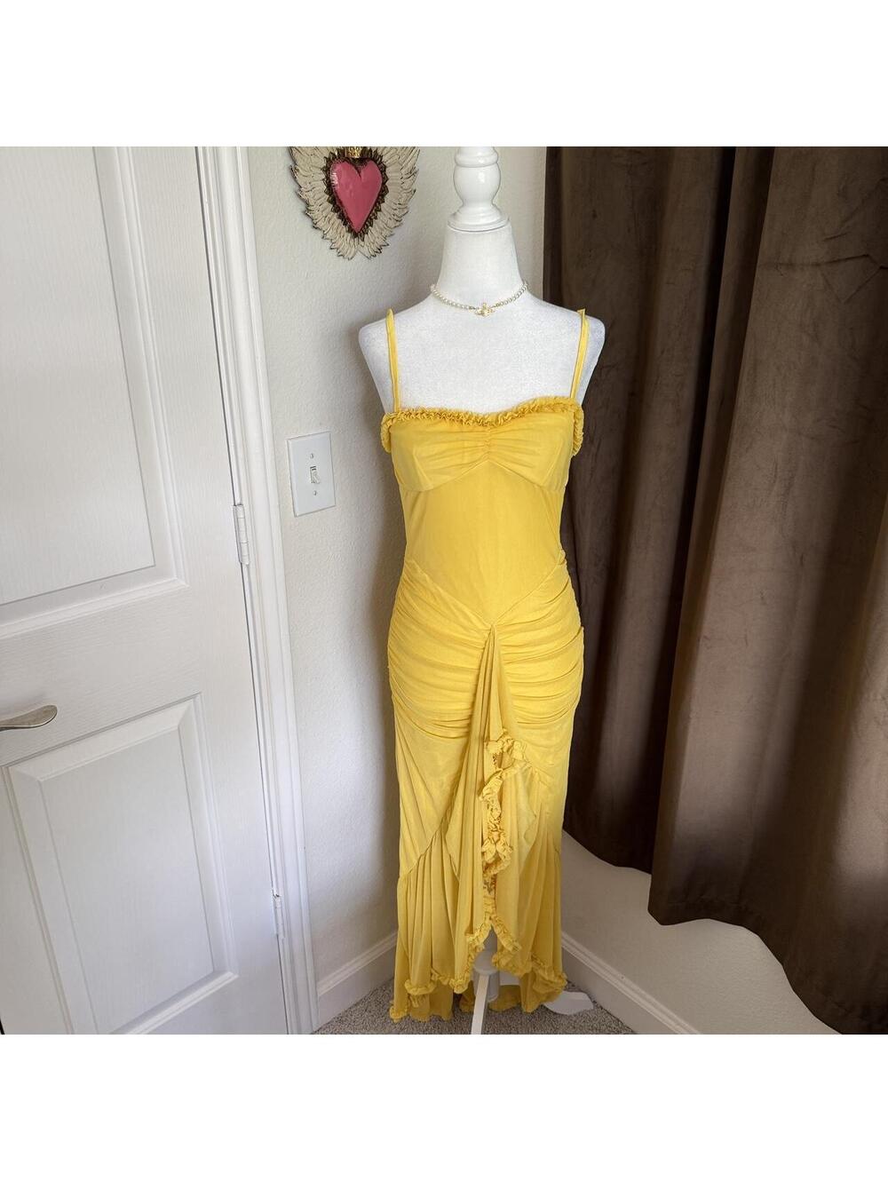 Romantic Yellow Frilly Slit Detail Maxi Dress